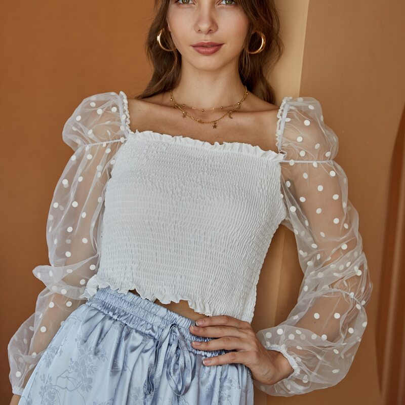 

Polka Dot Shirred Crop Top, White