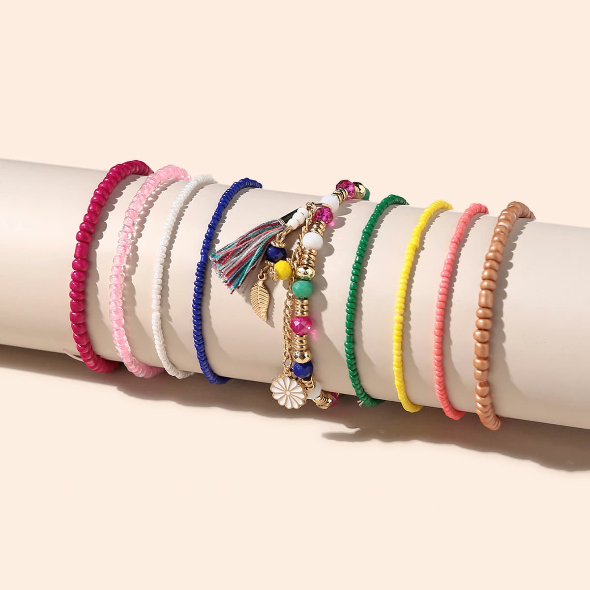 

9pcs Tassel Charm Beaded Bracelet, Multicolor