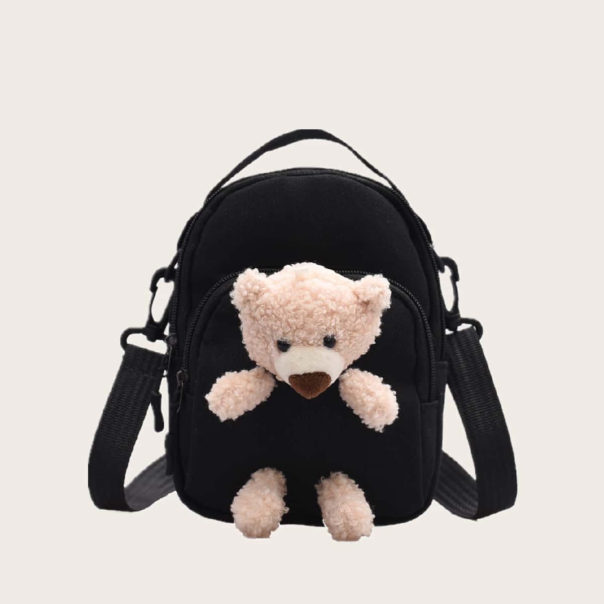 

Plush Bear Decor Canvas Satchel Bag, Black