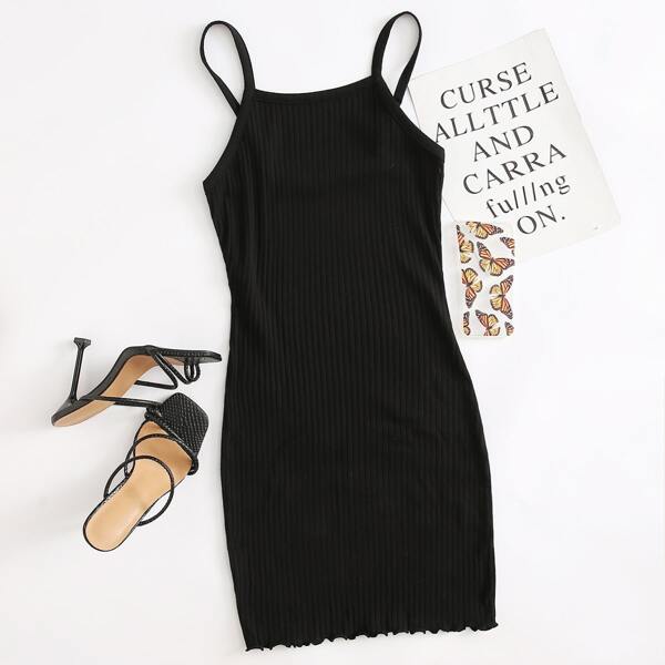 

Lettuce Hem Rib-knit Bodycon Dress, Black