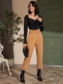 SHEIN 紙袋腰搭扣腰帶褲子 - 駝色 - 查看 5
