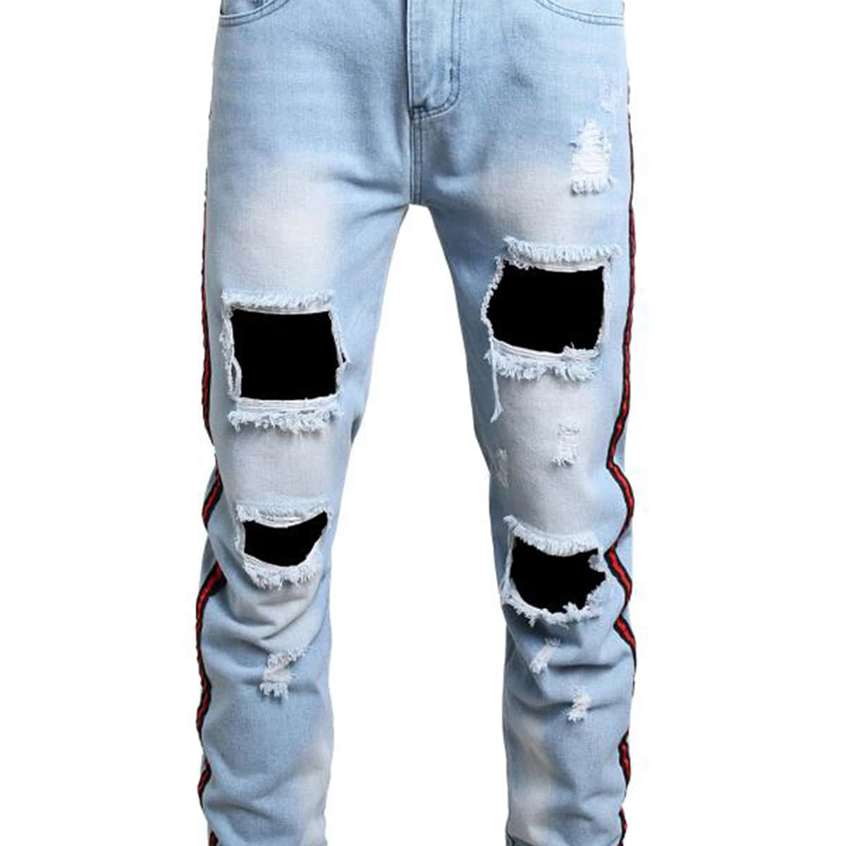 

Guys Striped Tape Distressed Jeans, Light wash
