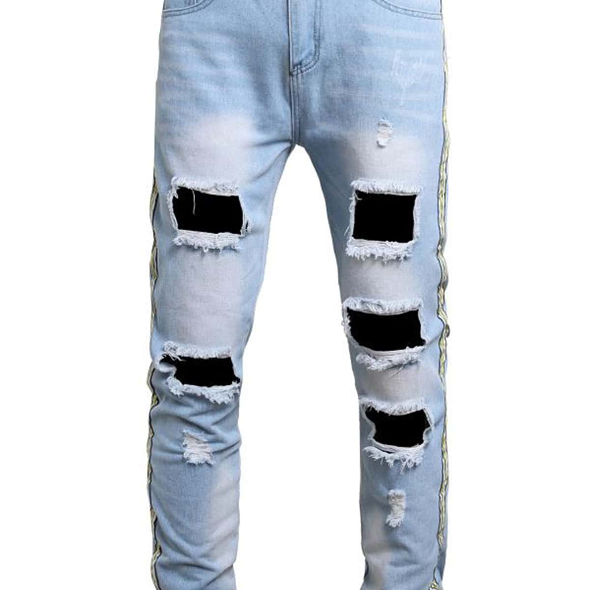 

Guys Striped Tape Distressed Jeans, Light wash