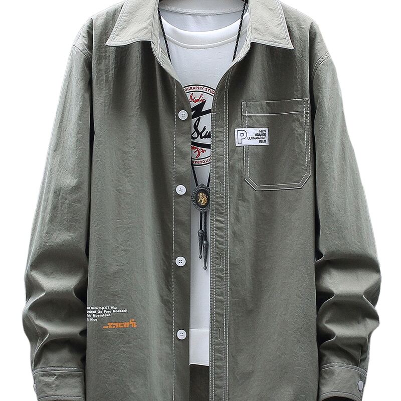 

Guys Letter Graphic Pocket Front Shirt, Army green