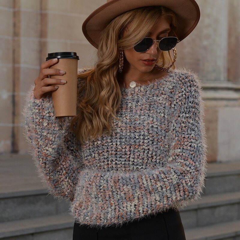 

Drop Shoulder Fuzzy Knit Sweater, Multicolor