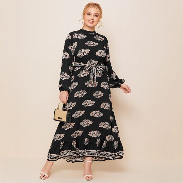

Plus Lantern Sleeve Ruffle Hem Belted Dress, Black