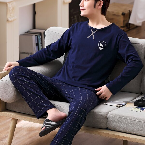 

Men Deer Embroidery Tee & Plaid Pants PJ Set, Navy blue