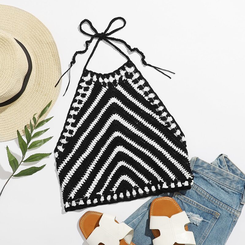 

Tied Backless Striped Crochet Cover Up Top, Black and white