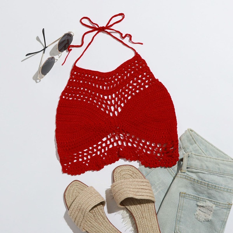 

Tie Back Crochet Cover Up Top, Red bright