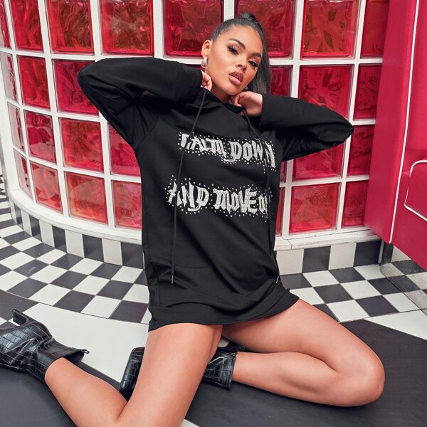 

Drawstring Detail Rhinestone Detail Letter Graphic Sweatshirt Dress, Black