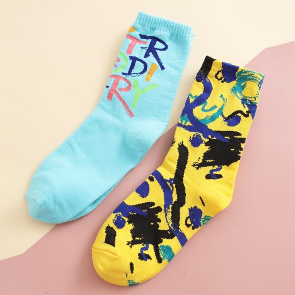 

2pairs Letter Graphic Socks, Multicolor