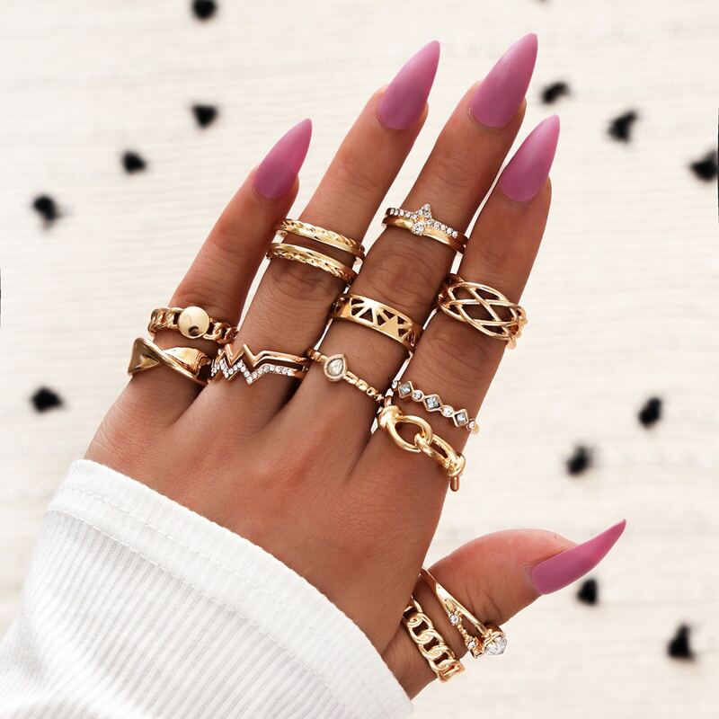 

12pcs Rhinestone Decor Hollow Out Ring, Gold