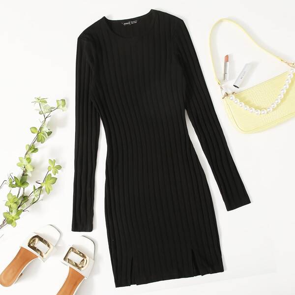 

Split Hem Bodycon Dress Without Belt, Black
