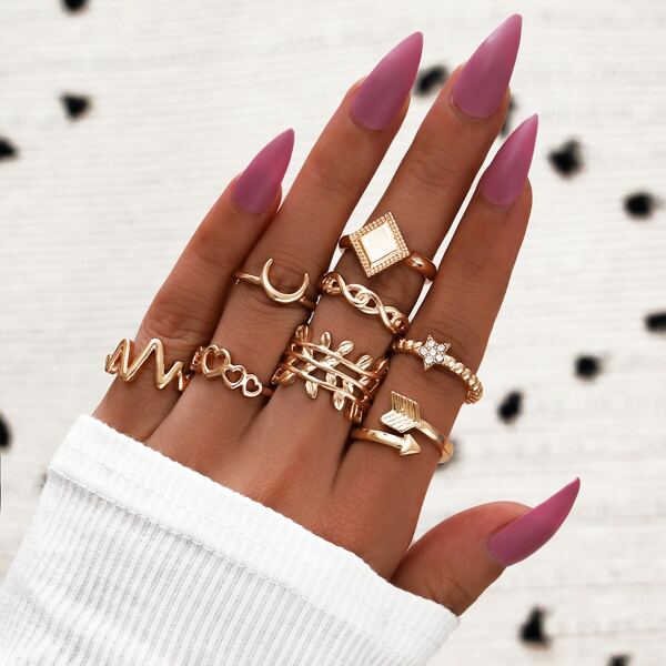 

8pcs Hollow Out Heart Ring, Gold