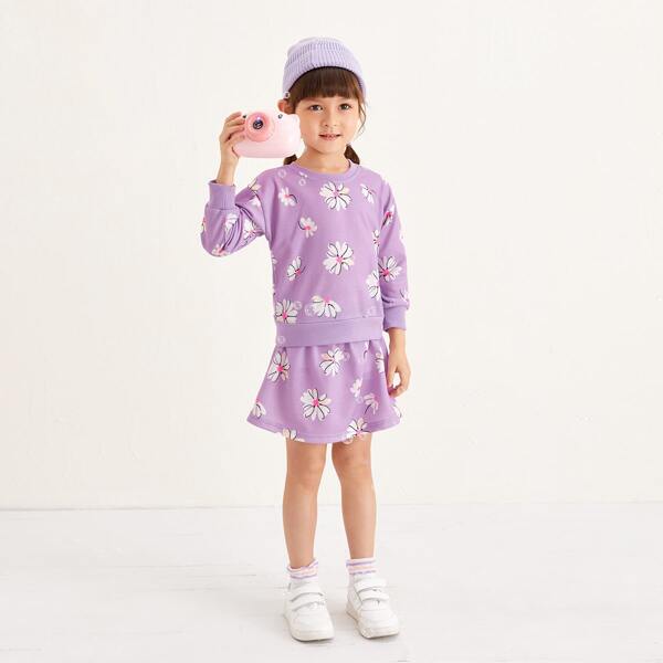 

Toddler Girls Floral Print Sweatshirt & Skirt, Lilac purple