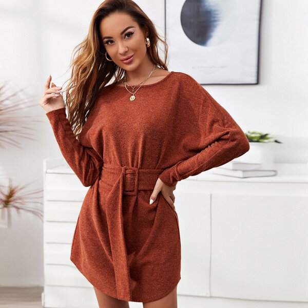 

Dolman Sleeve Buckle Belted Dress, Burnt orange