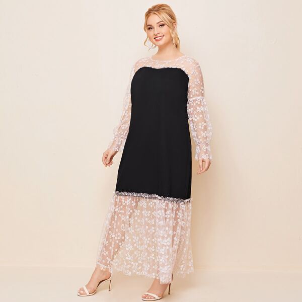 

Plus Ditsy Floral Mesh Panel Ruffle Hem Dress, Black and white