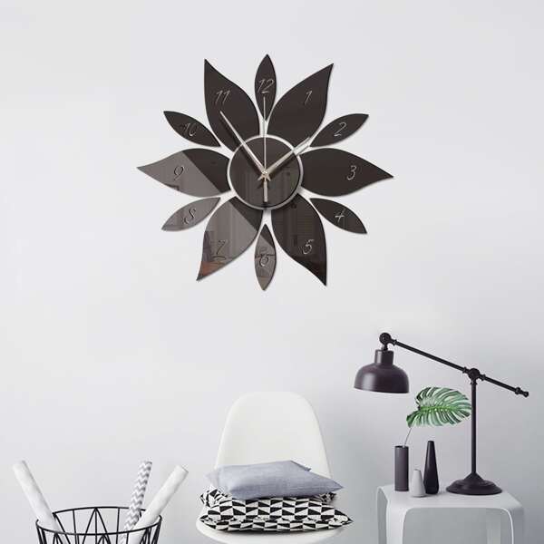 

1set Flower Mirror Surface Wall Clock, Black