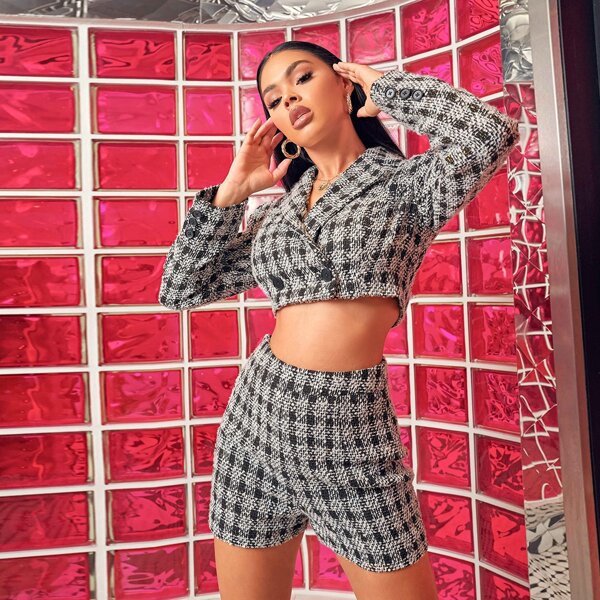 

Double Button Plaid Tweed Blazer & Shorts Set, Black and white