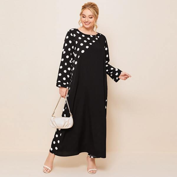

Plus Polka Dot Long Sleeve Maxi Dress, Black