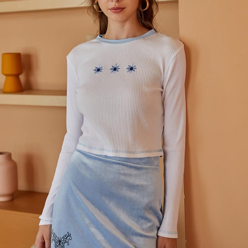 

Floral Embroidery Ribbed Tee, White