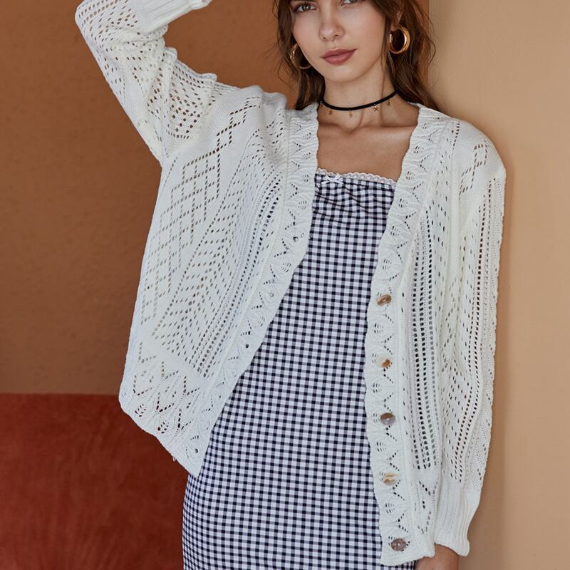 

Button Front Pointelle Knit Cardigan, White