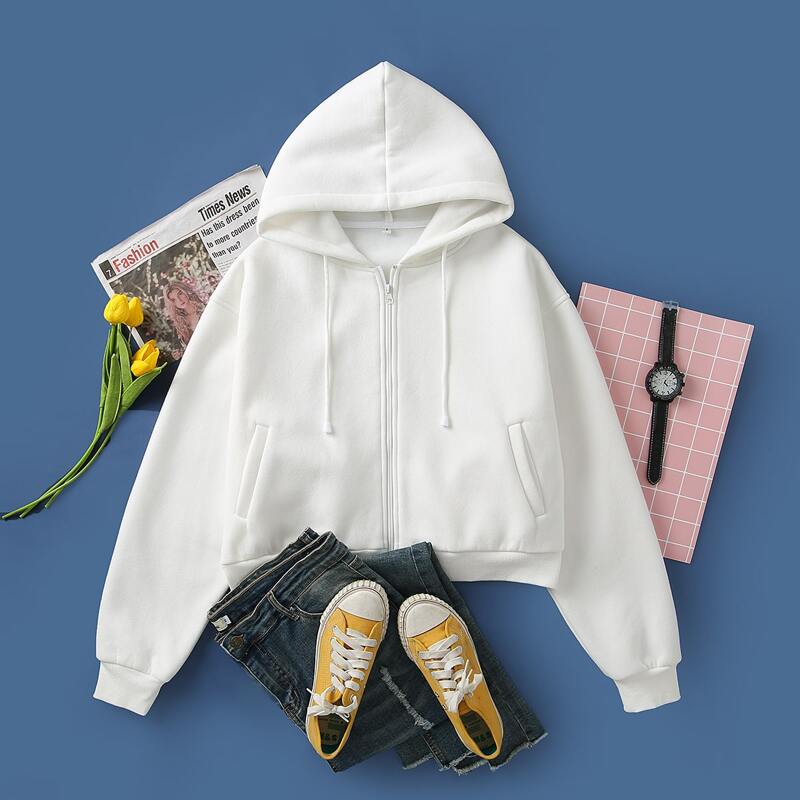 

Solid Drawstring Zip-Up Hoodie, White
