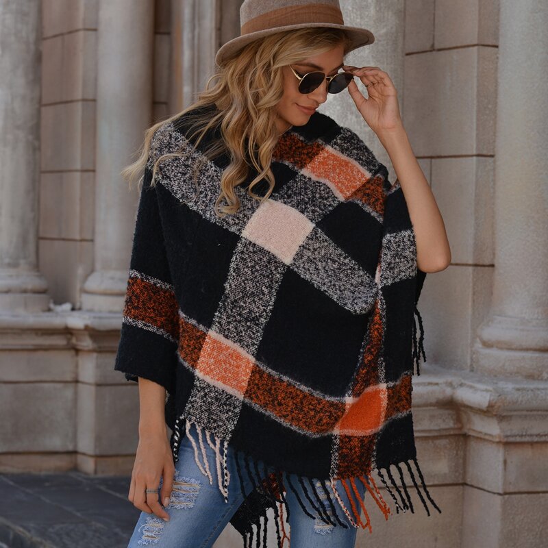 

Plaid Fringed Poncho, Multicolor