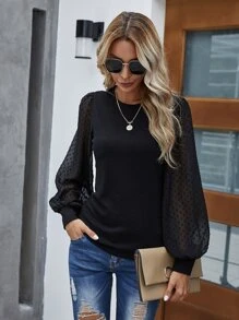 SHEIN LUNE Sheer Clip Dot Bishop Sleeve Top - Black - View 1