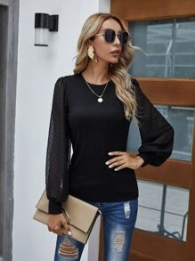 SHEIN LUNE Sheer Clip Dot Bishop Sleeve Top - Black - View 3