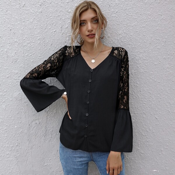 

Lace Flounce Sleeve Blouse, Black