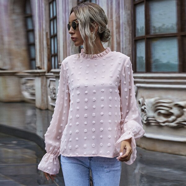 

Swiss Dot Frill Neck Chiffon Blouse, Baby pink