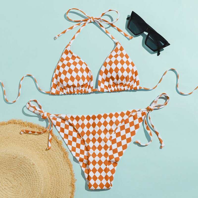 

Diamond Pattern Halter Bikini Swimsuit, Multicolor