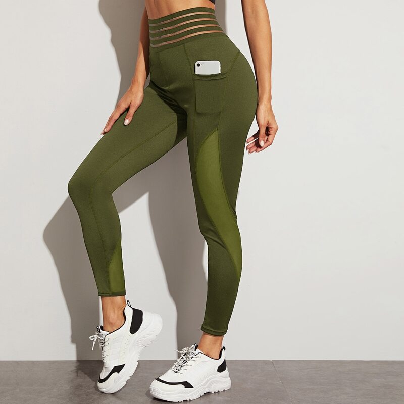 

Contrast Mesh Sports Leggings With Phone Pocket, Army green