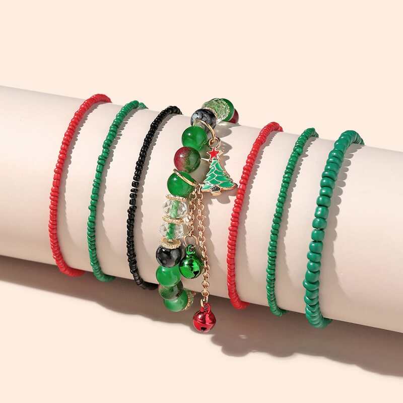 

7pcs Christmas Tree Charm Beaded Bracelet, Multicolor