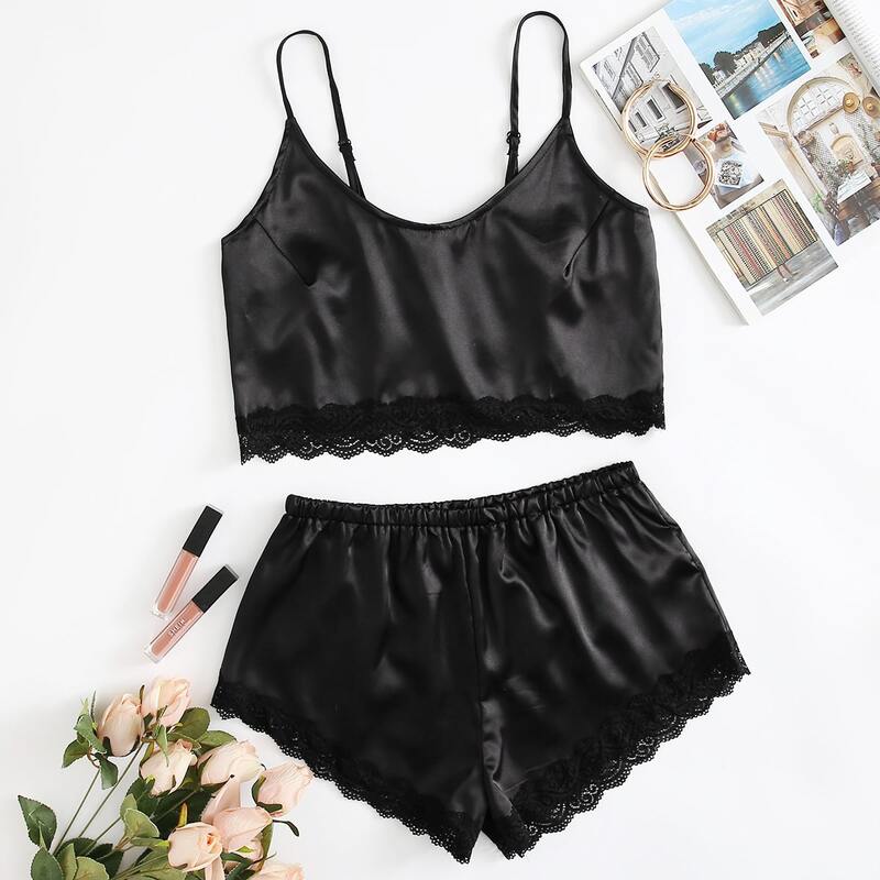 

Satin Scalloped Lace Trim Lingerie Set, Black