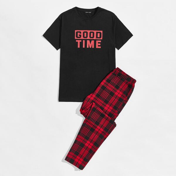 

Men Letter Graphic Top & Plaid Pants PJ Set, Multicolor