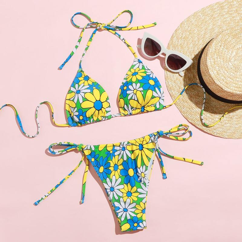 

Daisy Triangle Tie Side Bikini Swimsuit, Multicolor