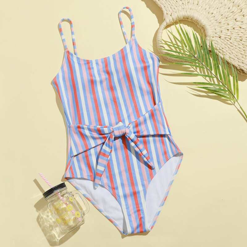 

Striped Knot Front One Piece Swimsuit, Multicolor