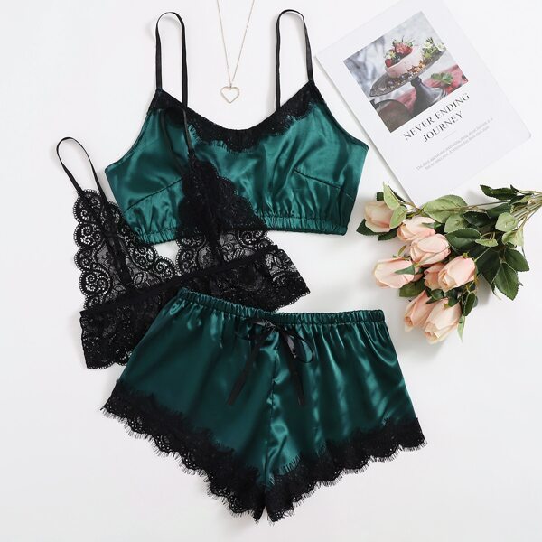 

3pack Lace Trim Satin Lingerie Set, Multicolor