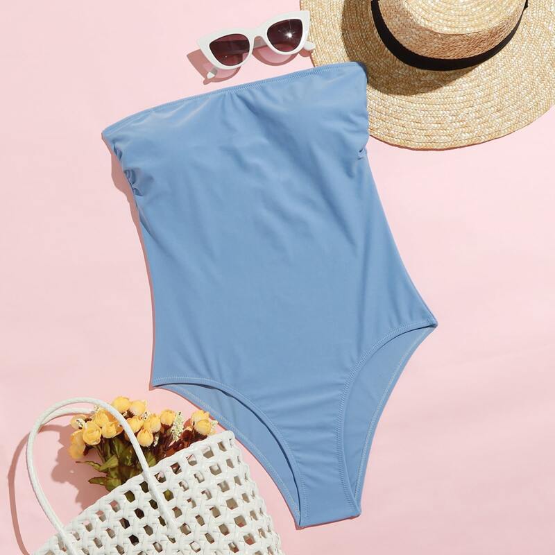 

Cut-out Back One Piece Swimsuit & Detachable Strap, Baby blue
