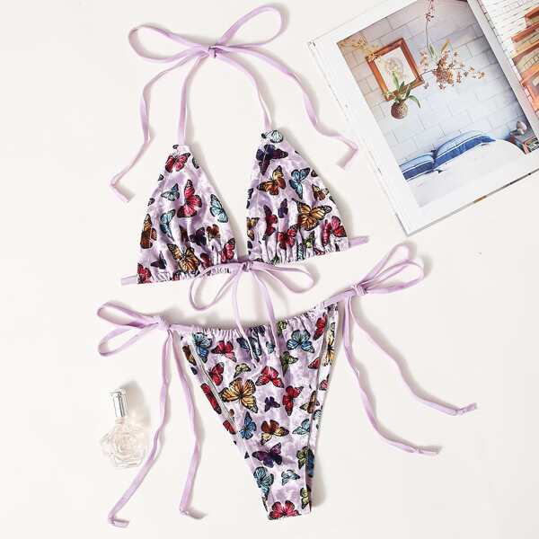

Butterfly Tie Side Thong Lingerie Set, Multicolor
