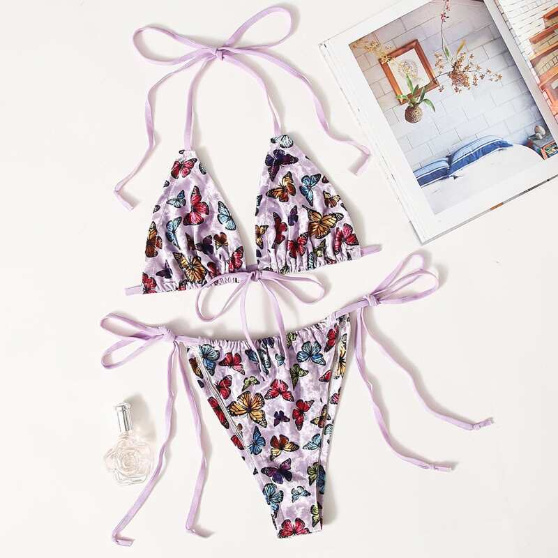 

Butterfly Tie Side Thong Lingerie Set, Multicolor