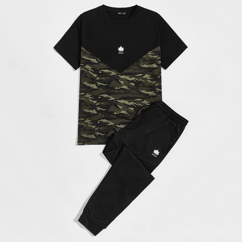 

Guys Letter Graphic Camo Top & Sweatpants Set, Black