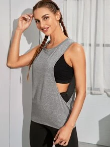 SHEIN Sports Camiseta corta deportiva con gráfico de letra, top de gimnasio, top sin mangas para entrenamiento - Gris - Ver 4