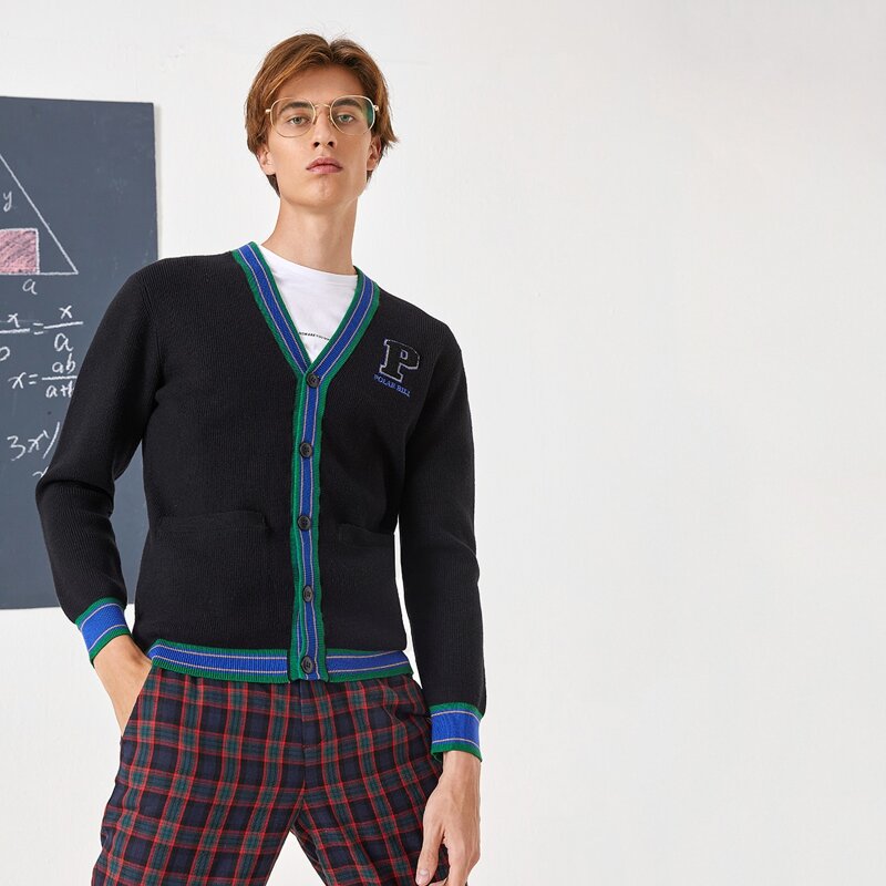 

Guys Letter Embroidery Striped Cricket Cardigan, Black