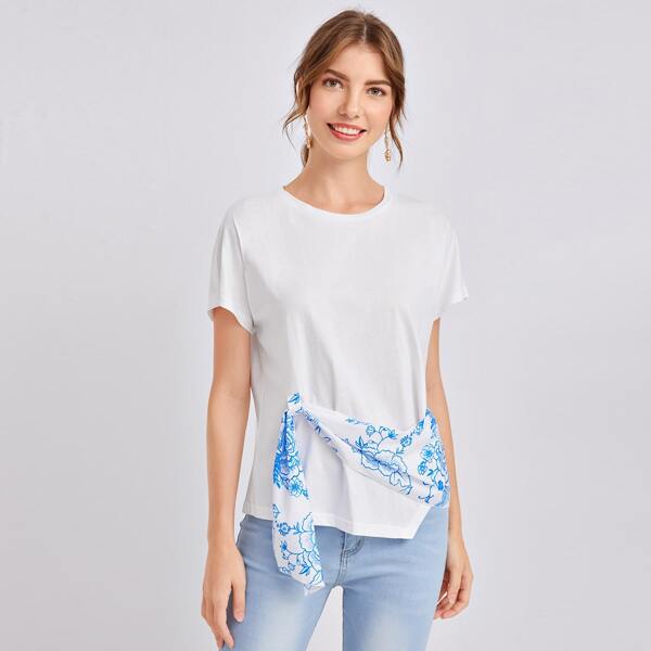 

Scarf Detail Short Sleeve Asymmetrical Hem Tee, White