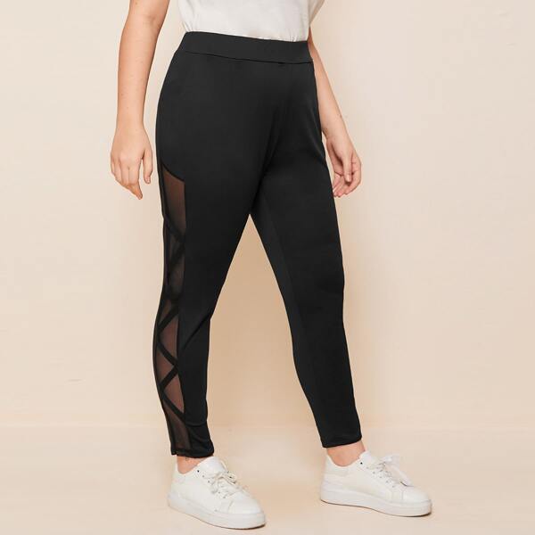 

Plus Mesh Panel Cropped Leggings, Black