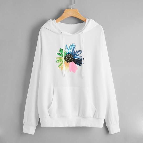 

Daisy Floral Kangaroo Pocket Drawstring Hoodie, White