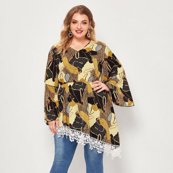 

Plus Leopard Chain Print Lace Trim Asymmetric Blouse, Multicolor